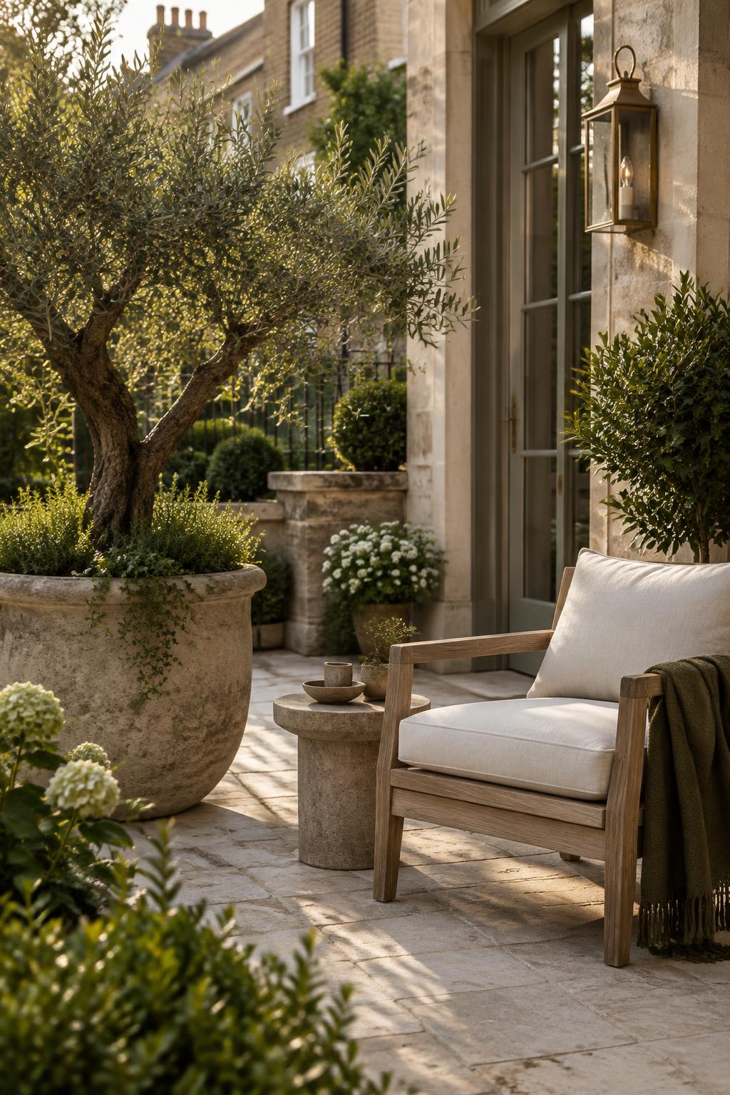 A quiet stone terrace with an olive tree and linen-cushioned chair