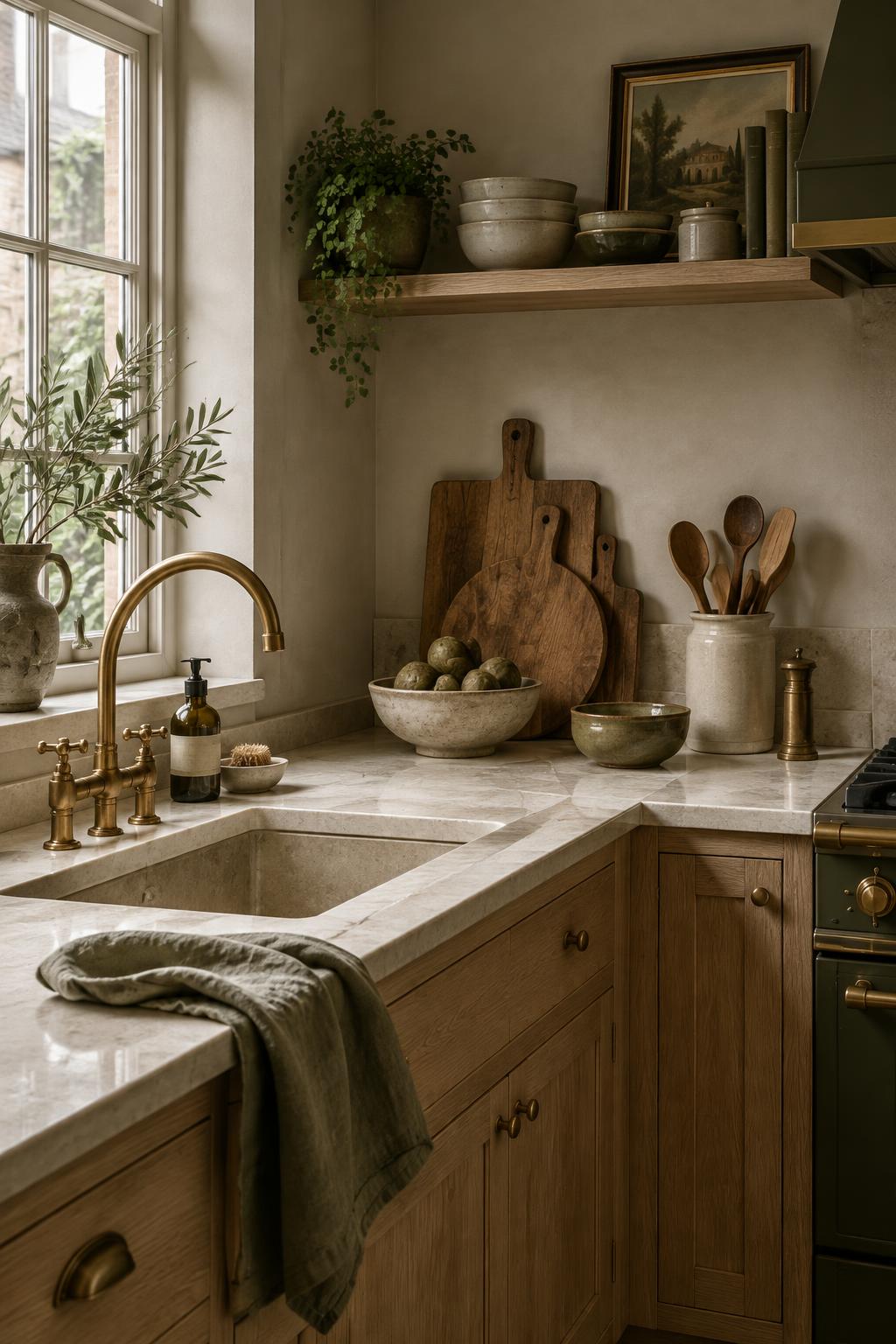 Oak boards and ceramics on a softly lit stone kitchen worktop
