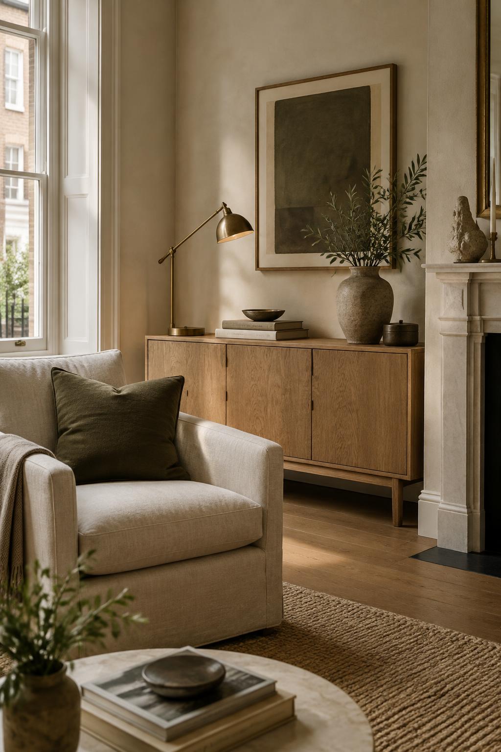 A window-lit room with oak, linen and aged brass
