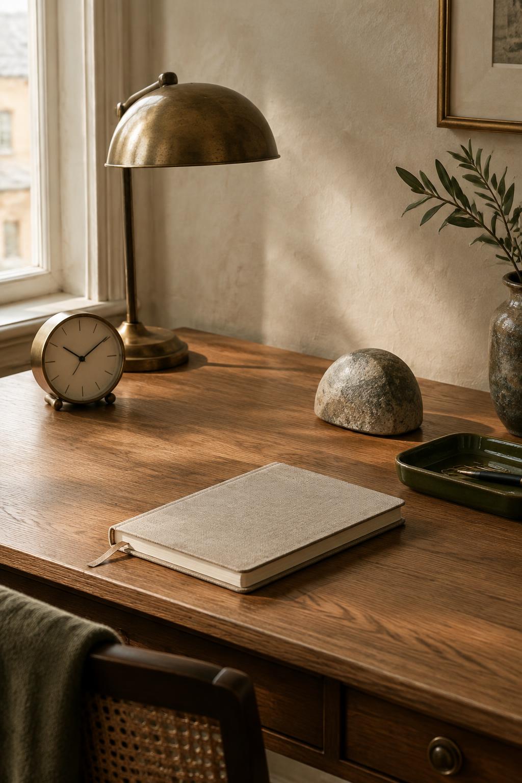 Everyday objects arranged on a sunlit oak writing desk