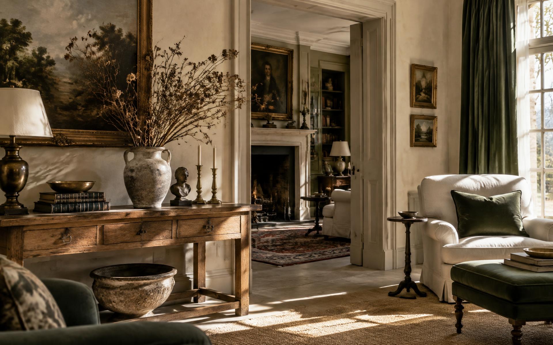 A sunlit drawing room furnished with considered objects